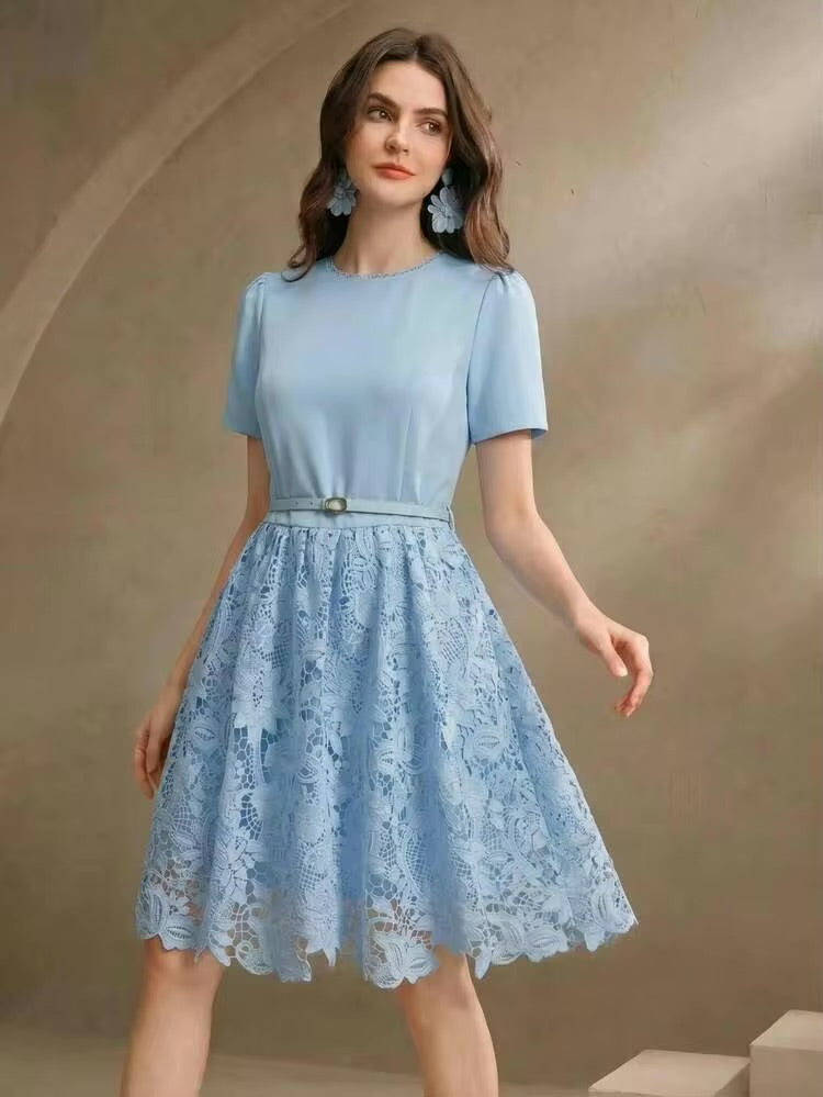 CM-DS467791 Women Elegant Seoul Style Round Neck Short Sleeve Lace Patchwork Mini Dress - Blue