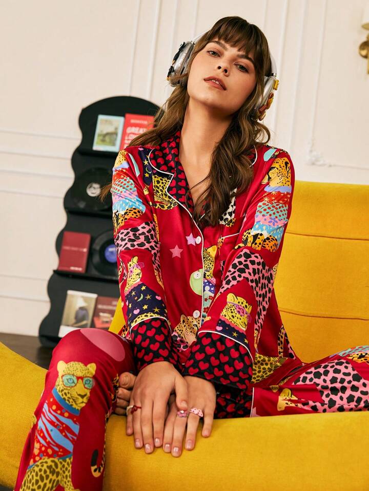 CM-LS590917 Women Trendy Seoul Style Printed Long Sleeve Button Up Top With Pants Pajama Set - Burgundy