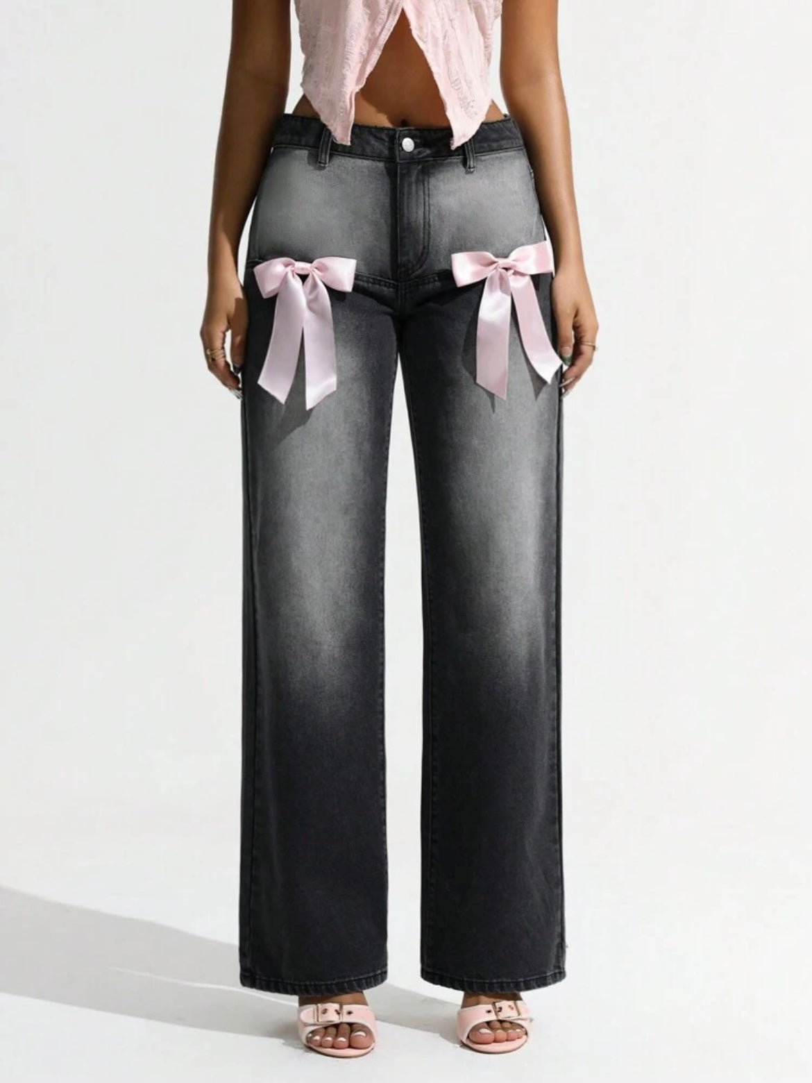 CM-BS282448 Women Casual Seoul Style Low-Waist Bow Decor Fitted Straight Leg Jeans - Black