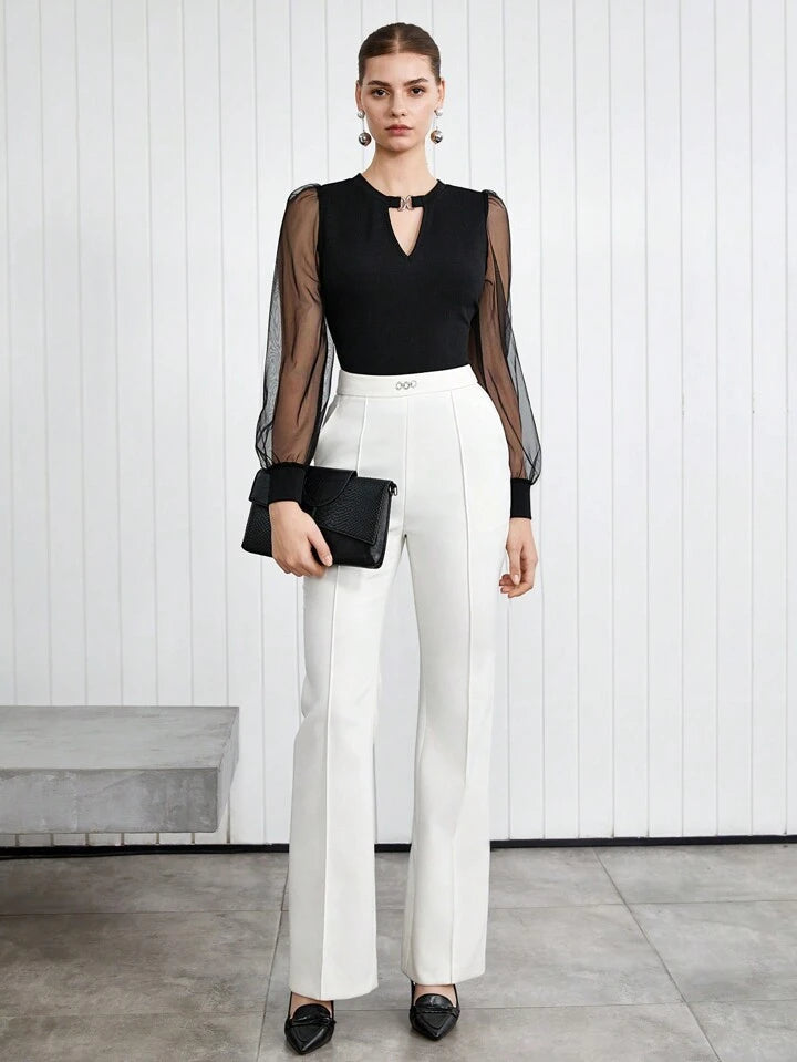 CM-TS157594 Women Elegant Seoul Style Keyhole Neckline Mesh Splicing Long Sleeve Top - Black