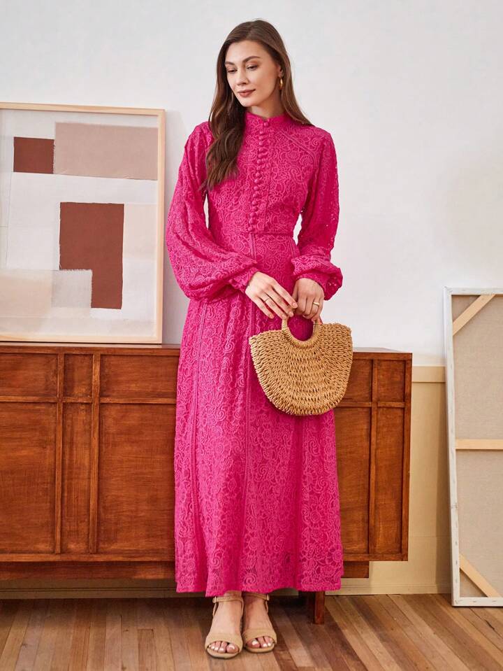 CM-DS807079 Women Elegant Seoul Style Lace Mandarin Collar Long Sleeve A-Line Dress - Hot Pink