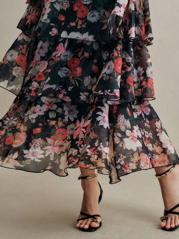 CM-BS613523 Women Elegant Seoul Style Mid Waist Floral Tie-Up Layered Cake Maxi Skirt