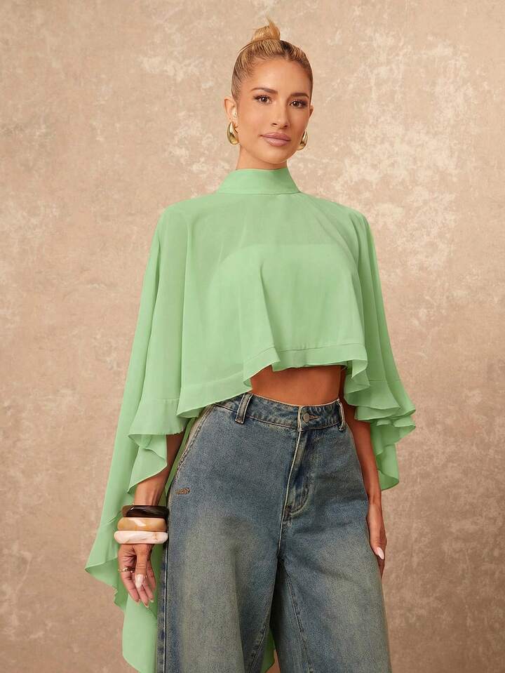 CM-TS255288 Women Casual Seoul Style Asymmetric Ruffle Hem Loose Collar Shawl Blouse - Green