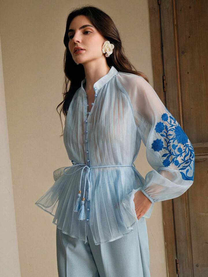 CM-TS389017 Women Elegant Seoul Style Stand Collar Long Sleeve Pleated Embroidered Tie Waist Blouse - Baby Blue