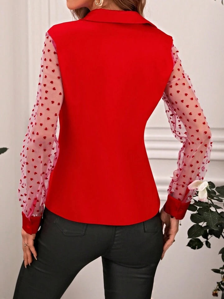 CM-TS537031 Women Casual Seoul Style Long Sleeve Mesh Heart Detail Turn-Down Collar Shirt
