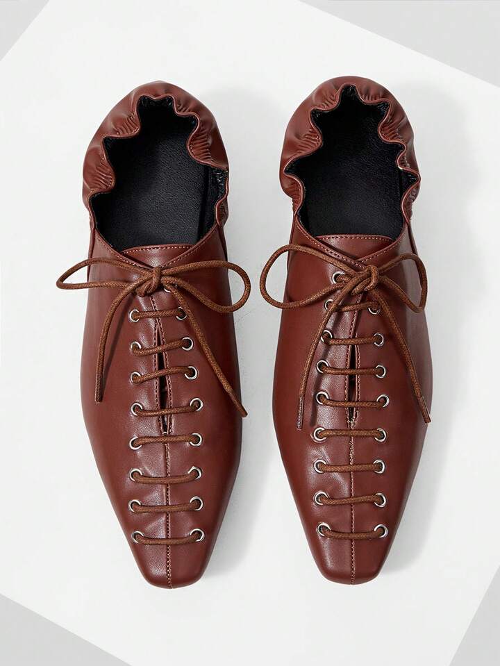 CM-SHS159513 Women Trendy Seoul Style Pointed Toe Criss-Cross Strap Low Heel Flats - Rust Brown