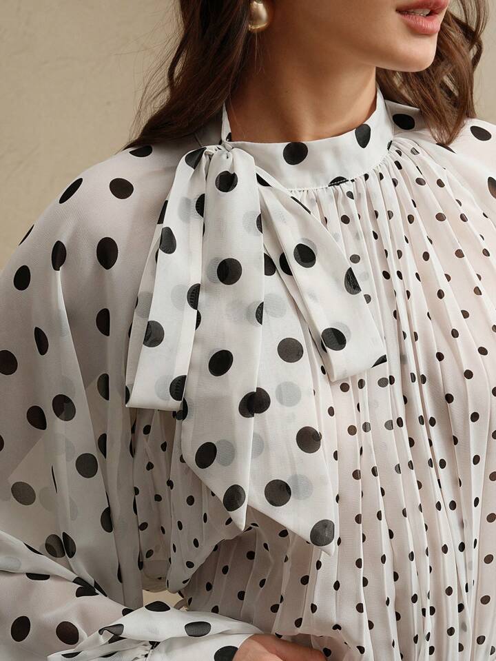 CM-TS733415 Women Elegant Seoul Style Stand Collar Polka Dot Print Pleated Tied Long Sleeve Blouse