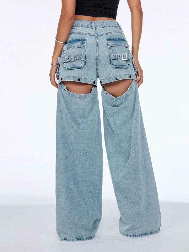 CM-BS743441 Women Casual Seoul Style Mid Waist Solid Color Wide-Leg Hollow Out Pocket Jeans - Blue