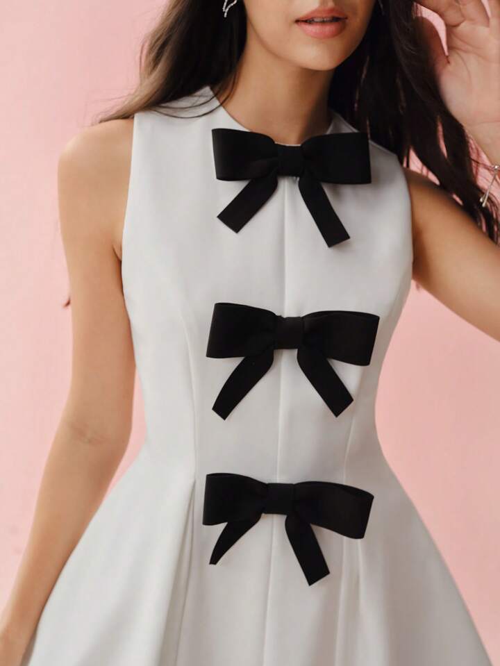 CM-DS583588 Women Elegant Seoul Style Round Neck Bow Decor Waist Cinched Sleeveless Mini Dress - White