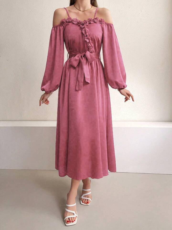 CM-DS948731 Women Casual Seoul Style Off-Shoulder Long Sleeve A-Line Dress With Belt - Pink