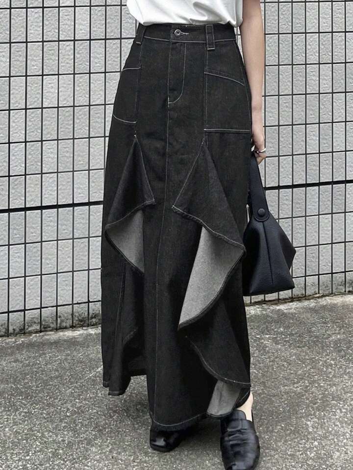 CM-BS727918 Women Casual Seoul Style Multi-Layered Ruffle Patchwork Denim Skirt With Side Slit