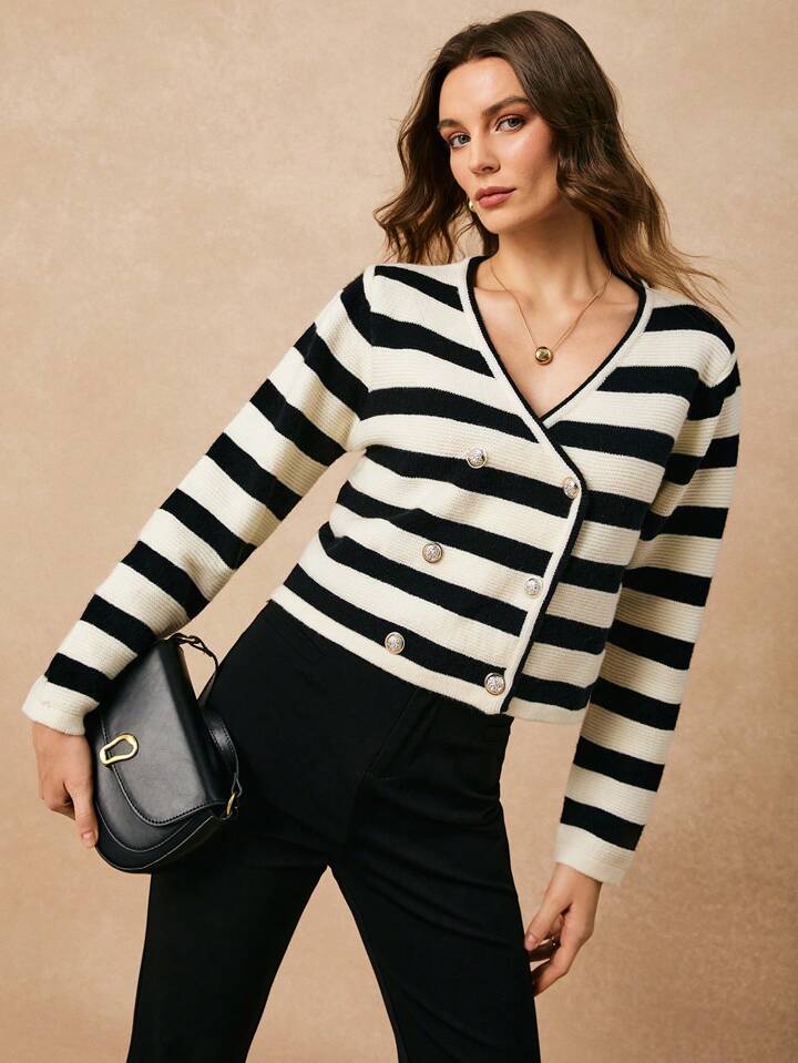 CM-CS770867 Women Casual Seoul Style Striped Front Double Metal Buttons Long Sleeve Knit Cardigan