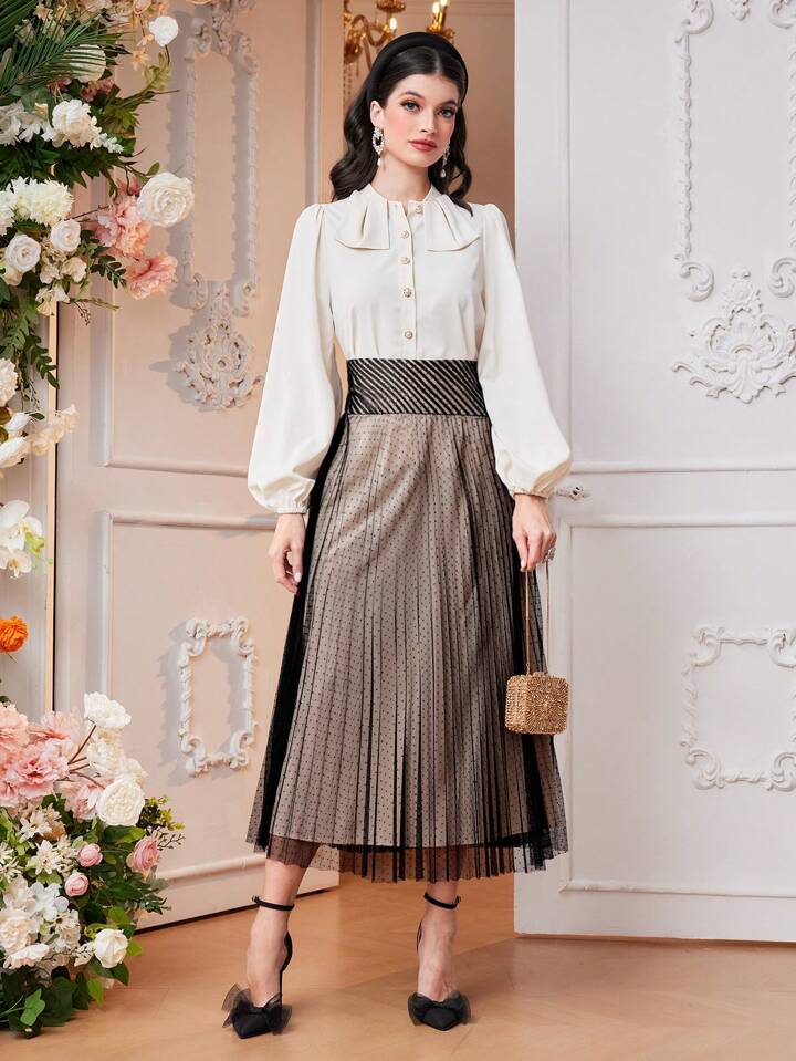 CM-BS831747 Women Elegant Seoul Style Mesh Pleated High Waisted Skirt - Black