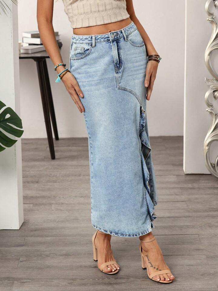 CM-BS589879 Women Casual Seoul Style Washed High Slit Ruffle Hem Denim Skirt - Blue