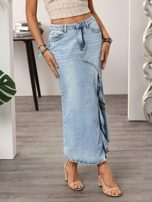 CM-BS589879 Women Casual Seoul Style Washed High Slit Ruffle Hem Denim Skirt - Blue