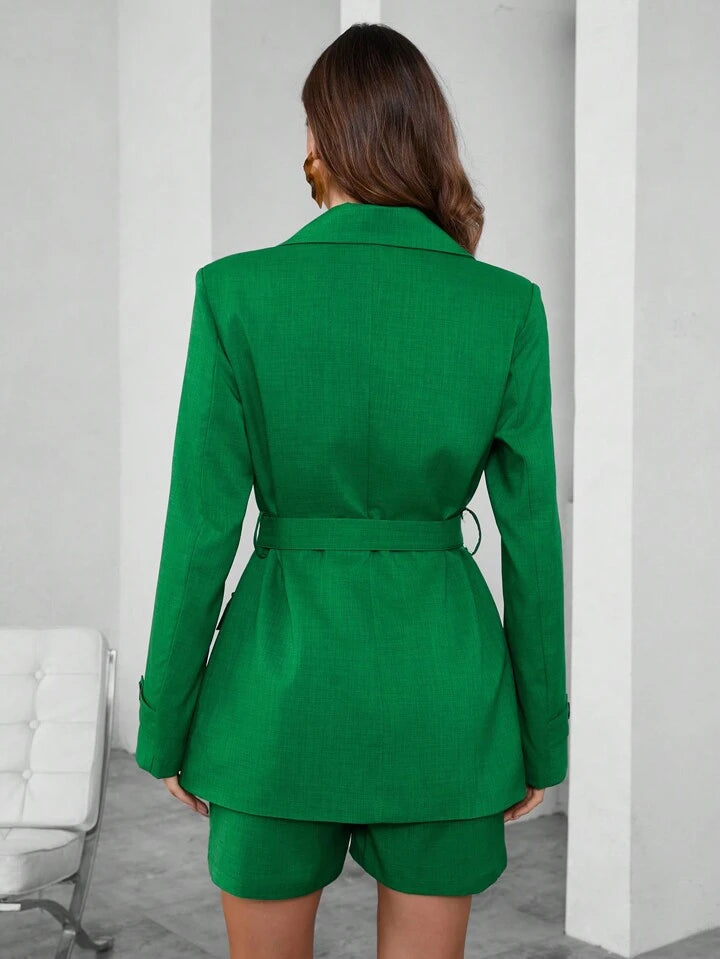 CM-SS420767 Women Elegant Seoul Style Lapel Neckline Long Sleeve Blazer With Shorts Suit - Green