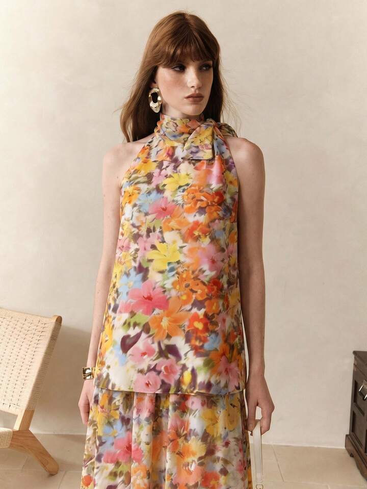 CM-SS363003 Women Trendy Bohemian Style Floral Print Tie Neck Sleeveless Top With Long Skirt - Set