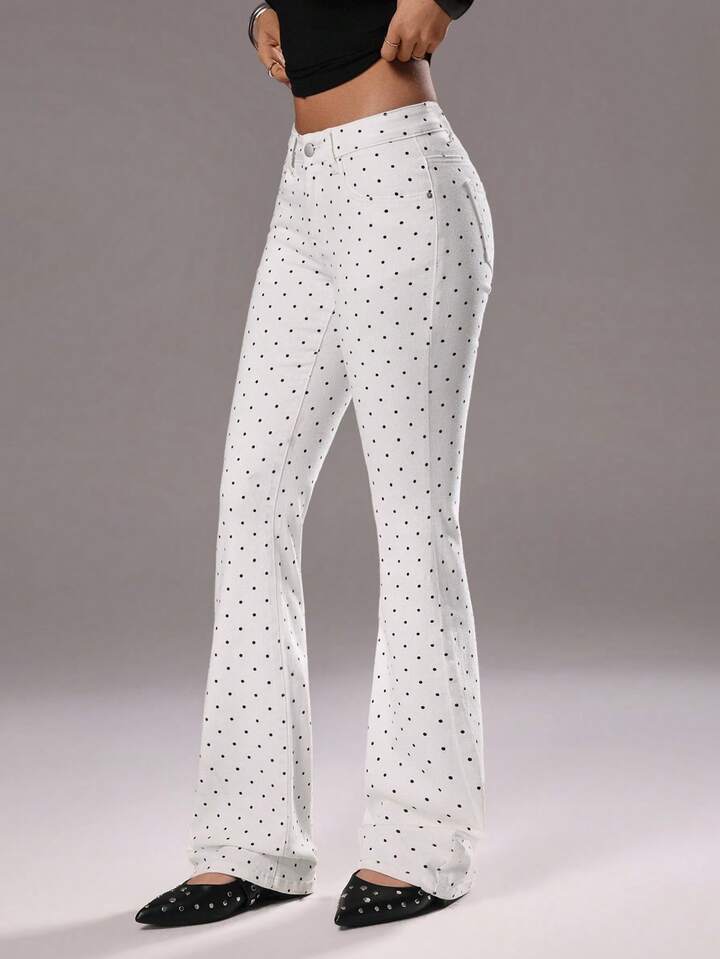 CM-BS188025 Women Casual Seoul Style Polka Dot Low Waist Flare Leg Jeans - White