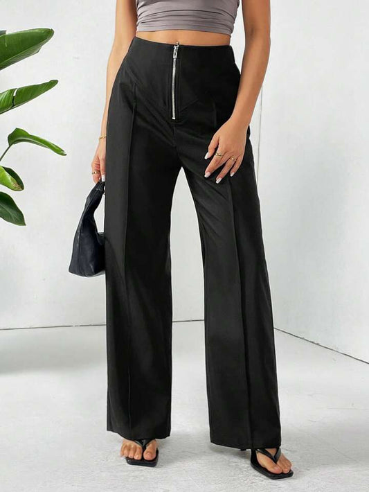 CM-BS795955 Women Casual Seoul Style Zipper Closure Straight-Leg Pants - Black