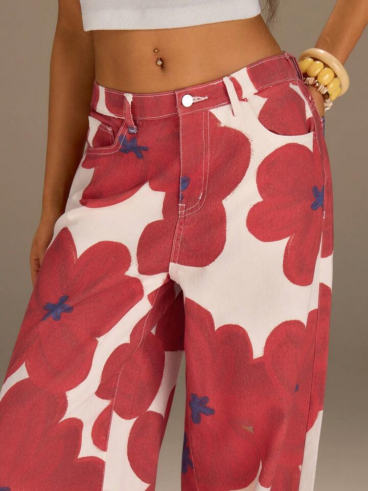CM-BS033640 Women Casual Seoul Style Floral Print Mid Waist Floral Print Wide Leg Denim Jeans