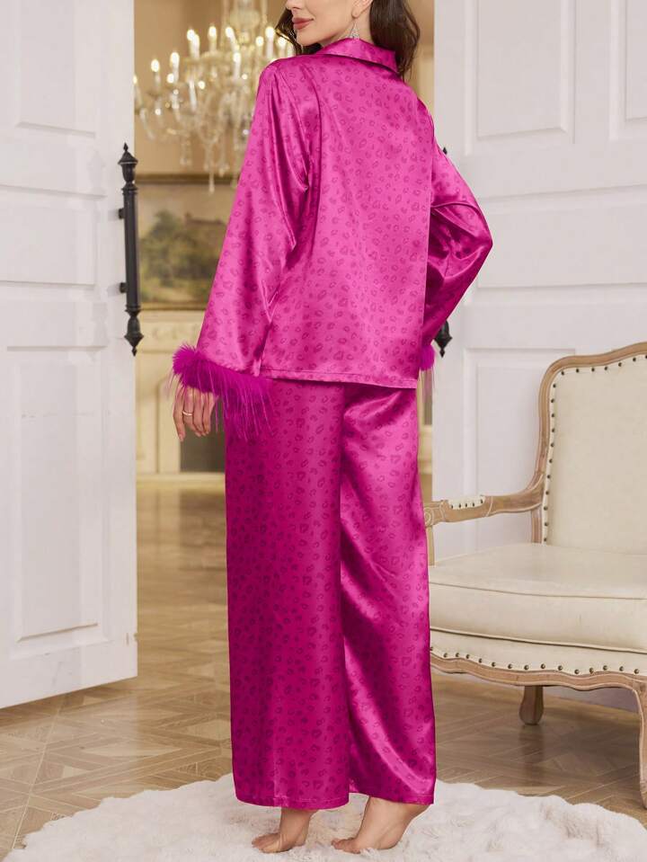 CM-LS405337 Women Trendy Seoul Style Leopard Print Faux Fur Decor Satin Pajama Set - Hot Pink