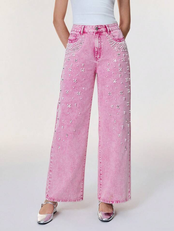 CM-BS416742 Women Casual Seoul Style Pearl Decor Pocket Wide Leg Loose Fit Jeans - Pink