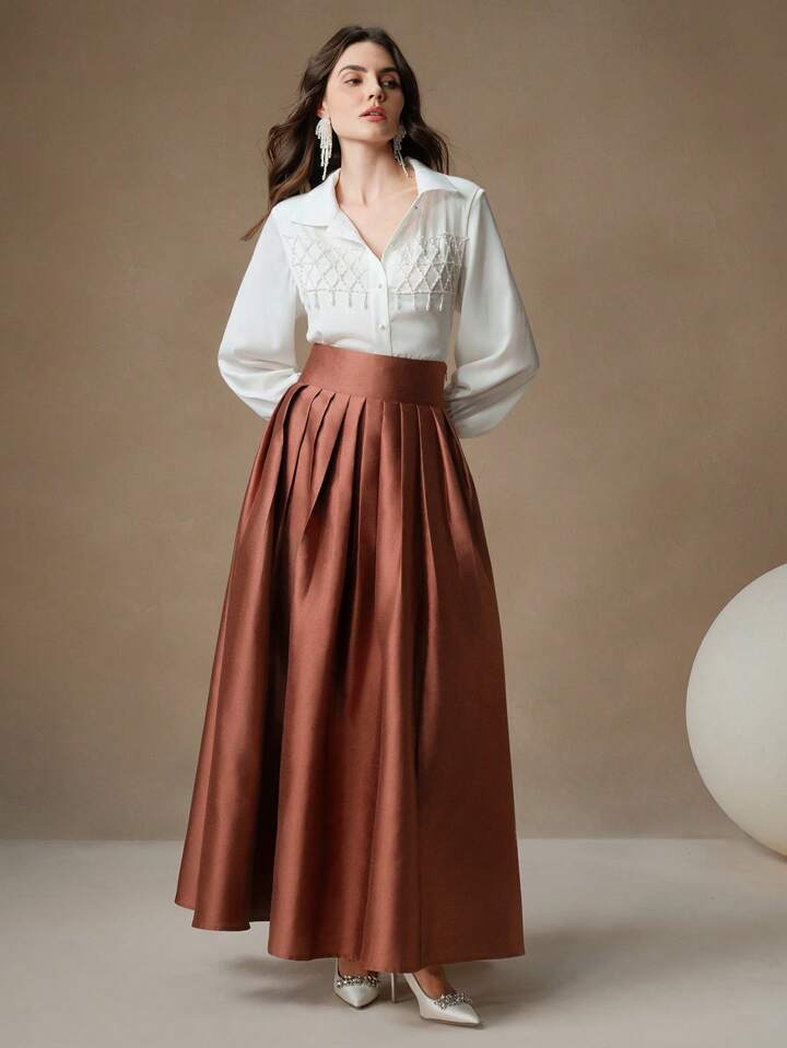 CM-BS672212 Women Elegant Seoul Style High Waisted Puff Pleated Long Skirt - Rust Brown