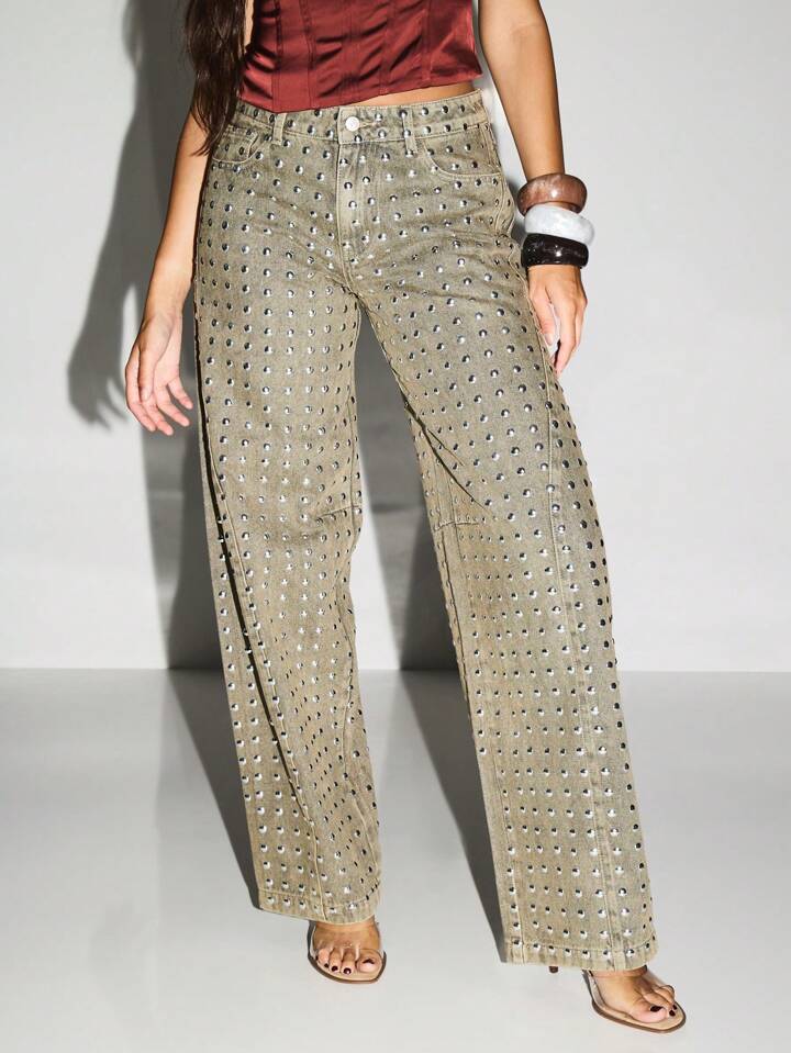 CM-BS920922 Women Casual Seoul Style High Waisted Metal Studs Wide Leg Palazzo Jeans - Khaki