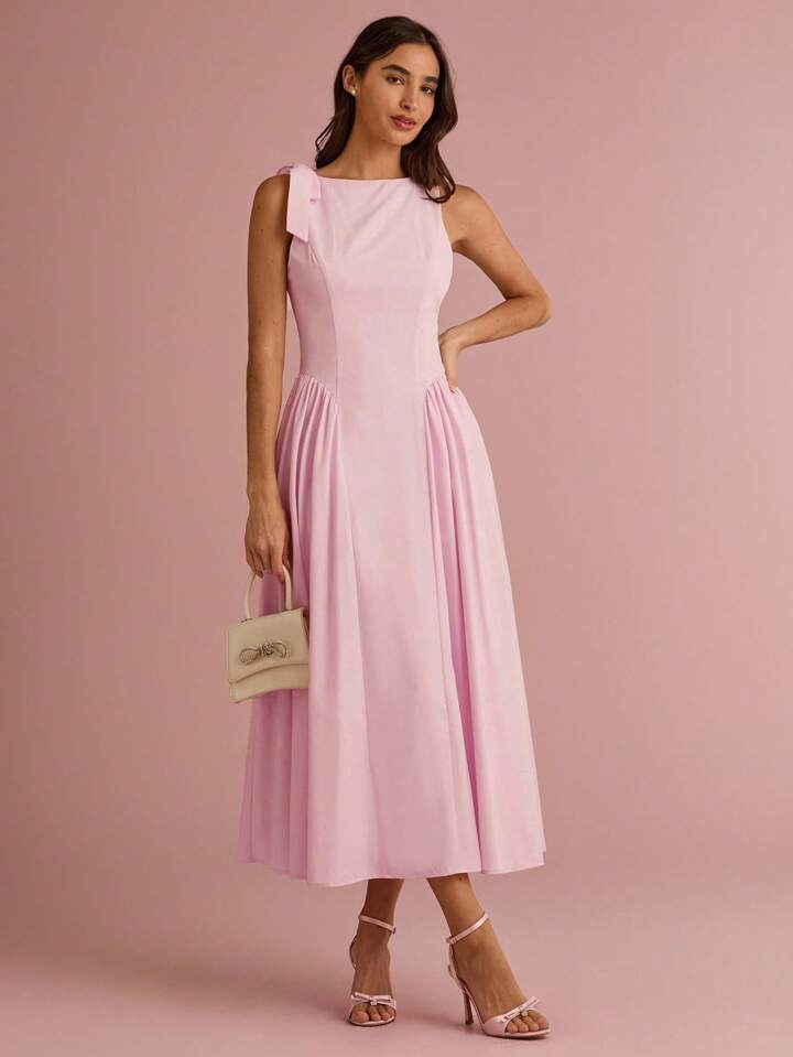 CM-DS311915 Women Elegant Seoul Style Bowknot Shoulder Sleeveless Pleated Long Dress - Pink