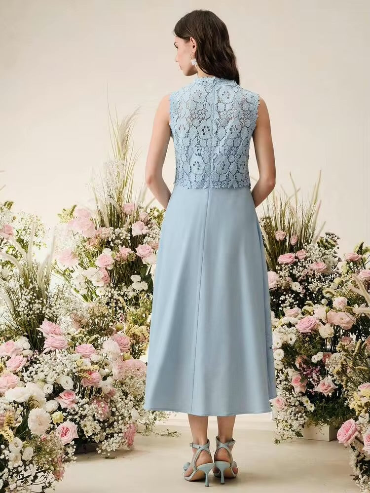 CM-DS956378 Women Elegant Seoul Style Stand Collar Sleeveless Floral Embroidered Lace Midi Dress - Blue