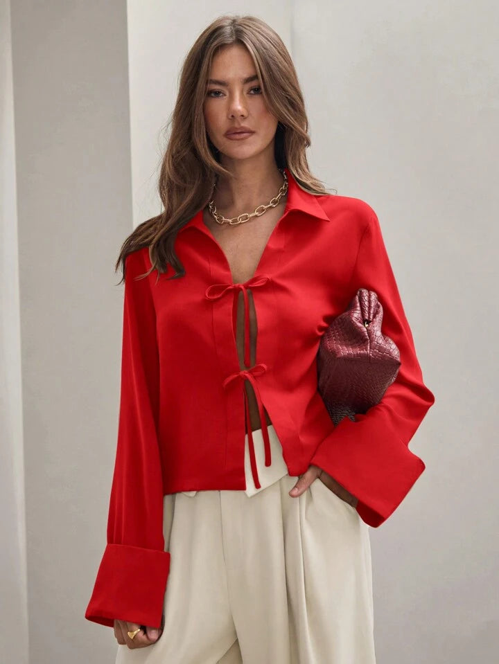 CM-TS896830 Women Trendy Bohemian Style Shirt Collar Front Tie Long Sleeve Shirt - Red