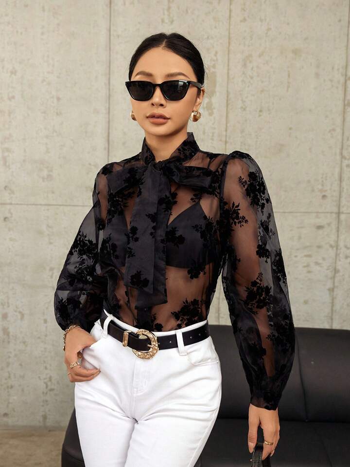 CM-TS286573 Women Trendy Bohemian Style Velvet Tie Neck Long Sleeve Shirt - Black