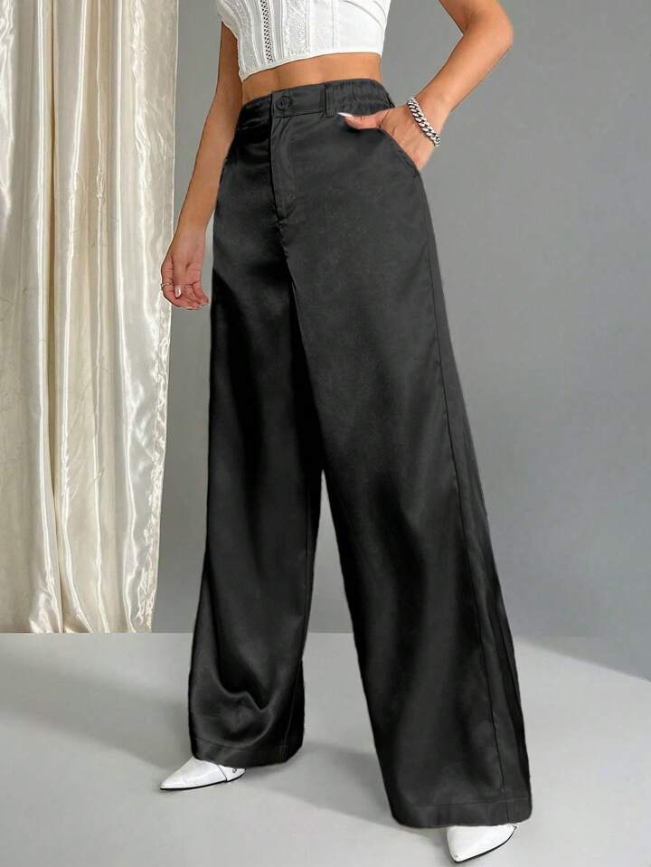 CM-BS020018 Women Casual Seoul Style Satin Elastic Waist Wide Leg Palazzo Pants - Black