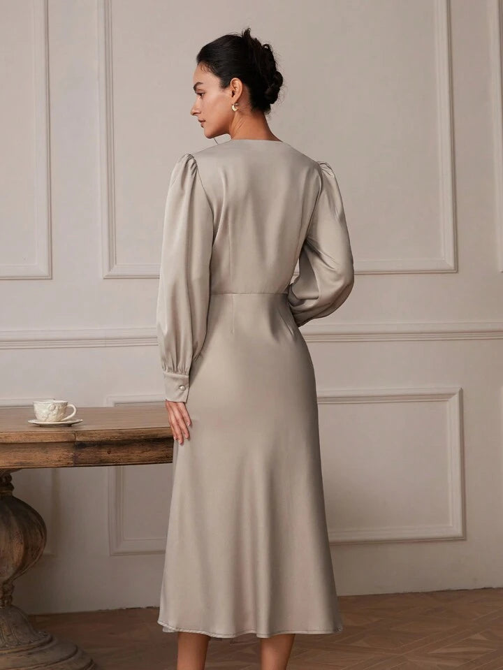 CM-DS307088 Women Elegant Seoul Style Solid Color V-Neck Long Sleeve Front Slit Dress - Dusty Purple