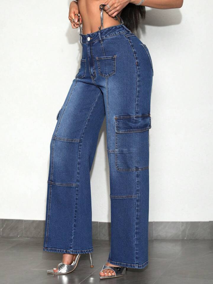CM-BS480943 Women Casual Seoul Style Medium Wash Waistband Ties Straight-Legged Jeans