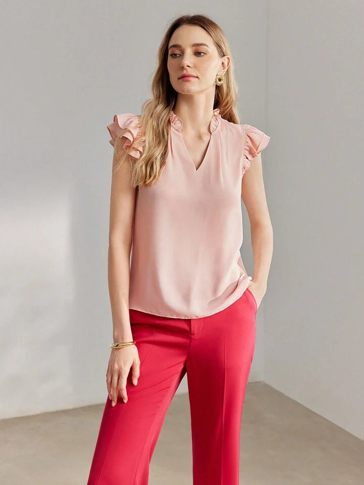CM-TS669910 Women Casual Seoul Style Frill Trim Notch Neck Flutter Sleeve Blouse - Pink