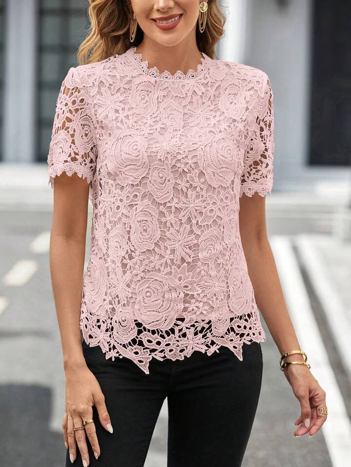 CM-TS960342 Women Elegant Seoul Style Guipure Lace Mock Neck Blouse - Pink