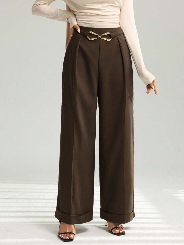 CM-BS934660 Women Casual Seoul Style Metal Buckle Waistband Rolled Hem Wide Leg Pants - Coffee Brown