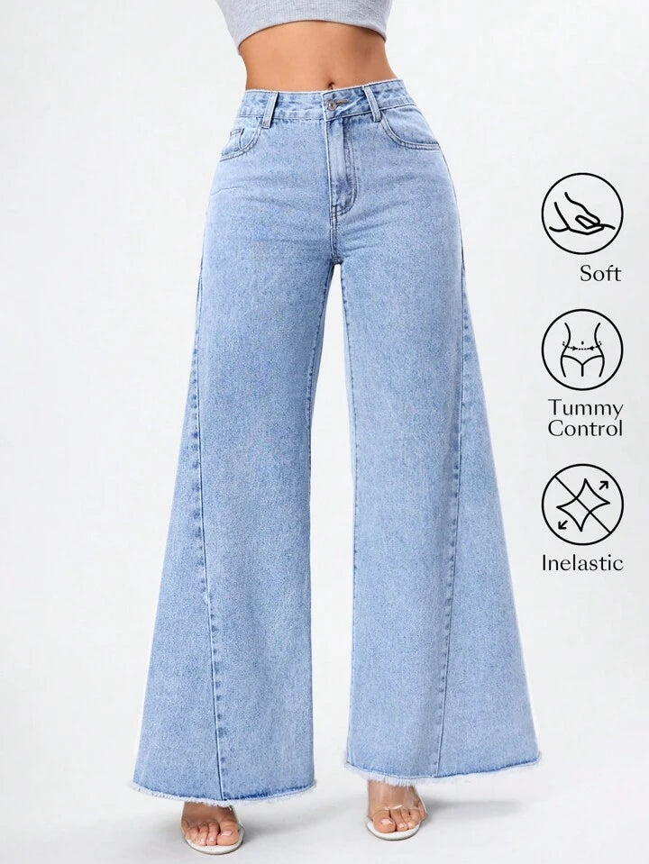 CM-BS896065 Women Casual Seoul Style Light Wash High Waist Raw Hem Wide Leg Jeans