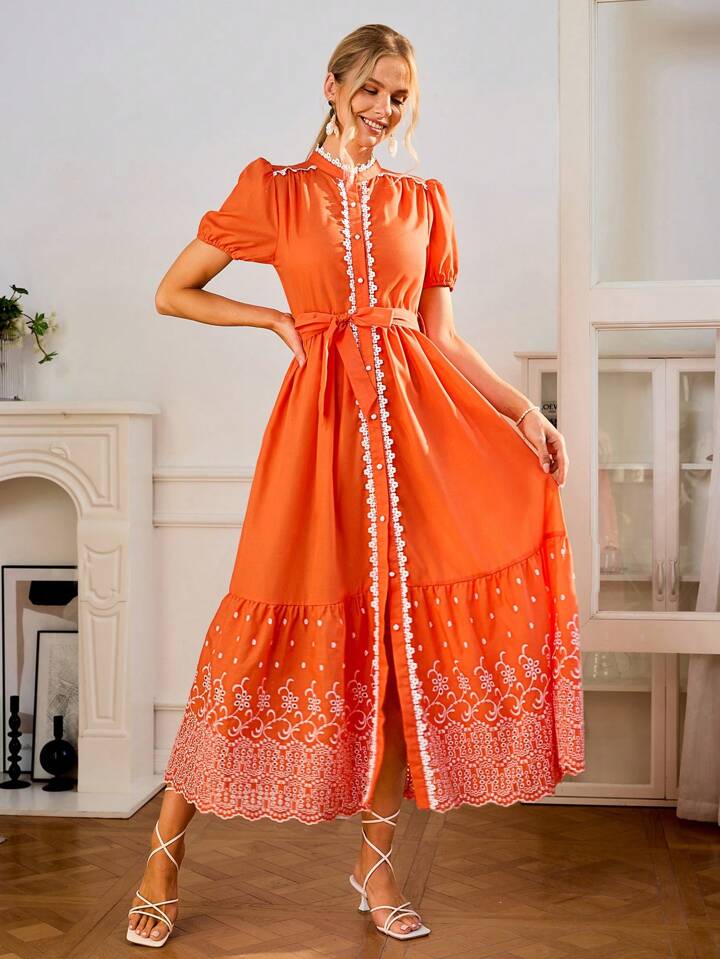 CM-DS097140 Women Elegant Seoul Style Stand Collar Puff Sleeve Embroidery Dress - Orange
