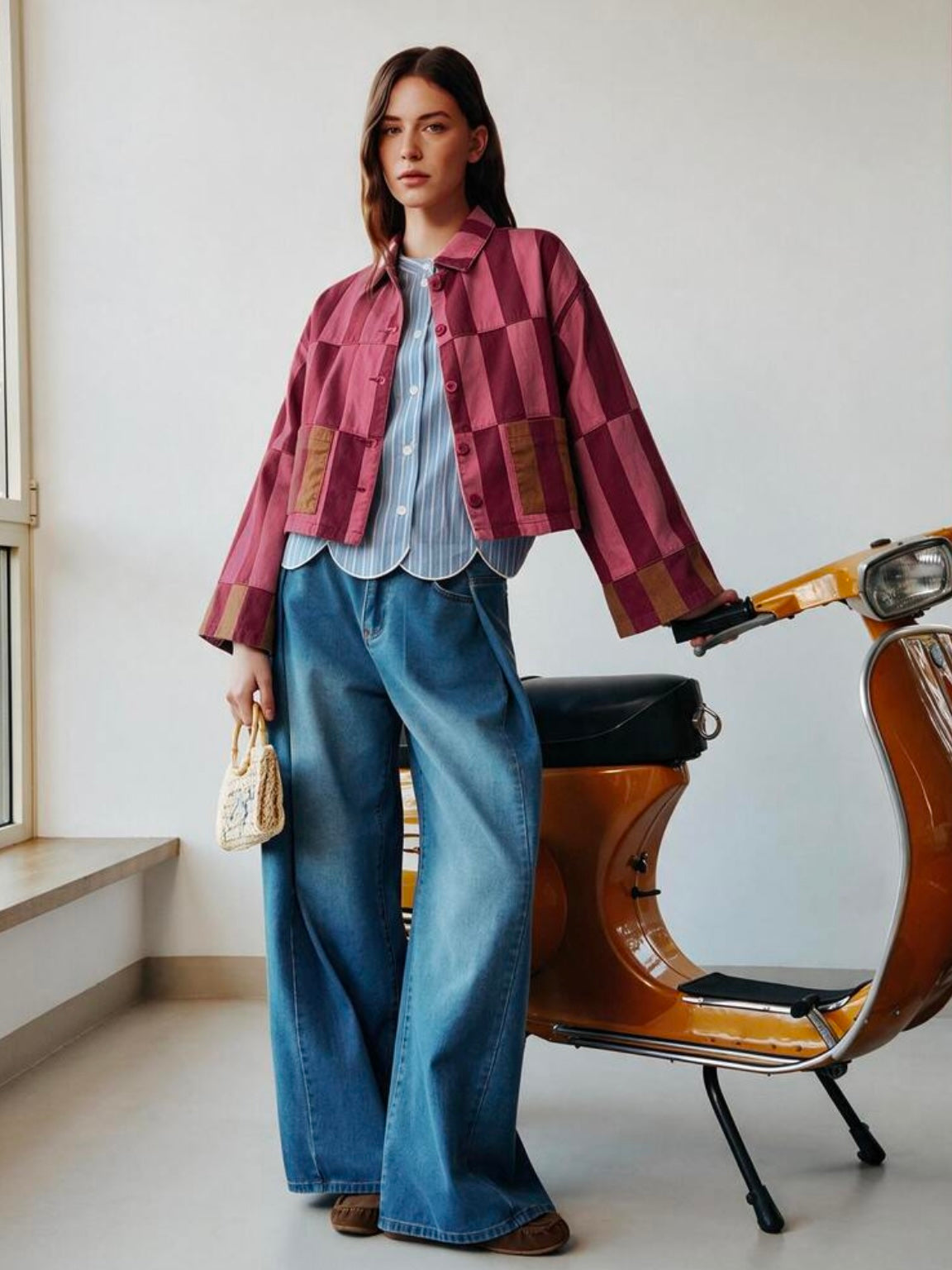 CM-CS518142 Women Elegant Seoul Style Collar Neckline Long Sleeve Striped Cropped Jacket
