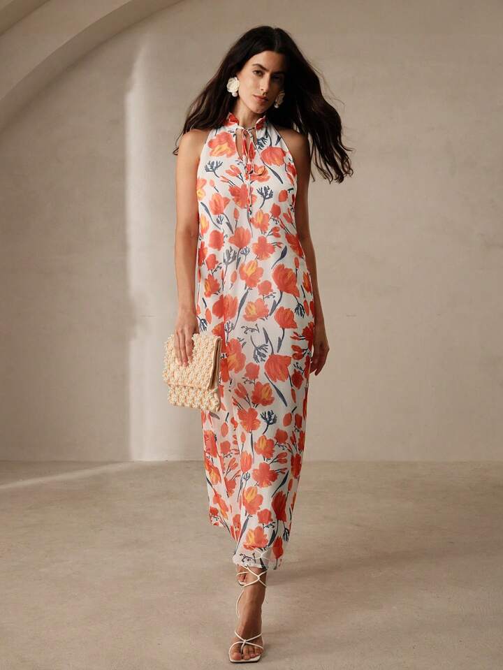 CM-DS517568 Women Trendy Bohemian Style Floral Printed Sleeveless Tie-Neck Maxi Dress - Orange