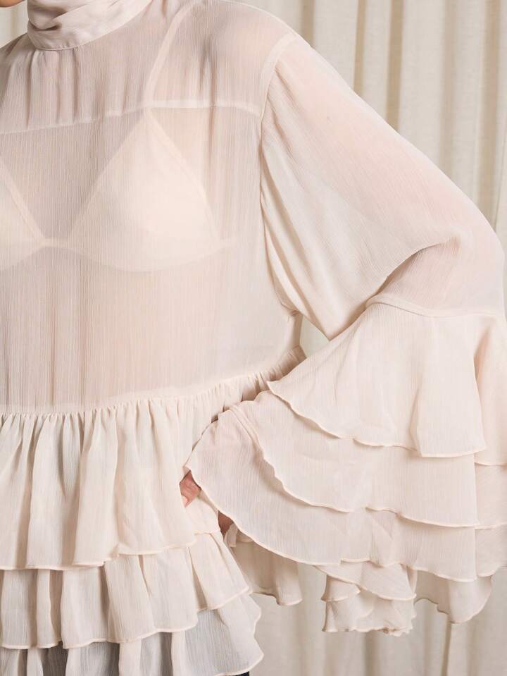 CM-TS243956 Women Elegant Seoul Style Tie Neck Bishop Sleeve Ruffle Volume Blouse - Apricot