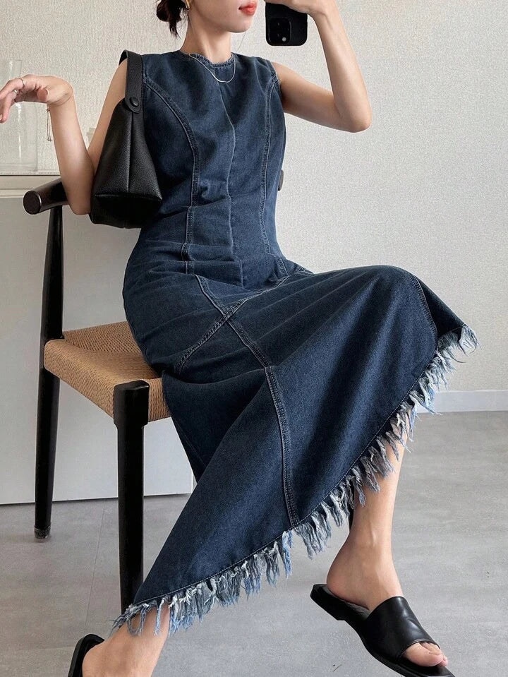 CM-DS567994 Women Casual Seoul Style Round Neck Frayed Hem Sleeveless Loose Denim Dress - Blue