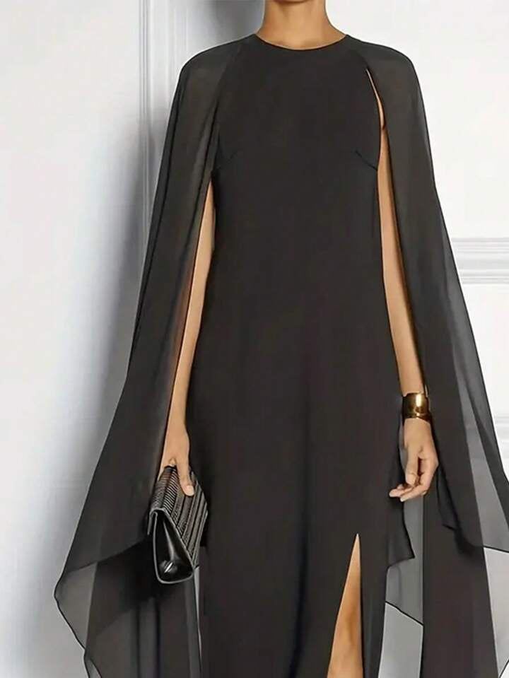 CM-DS197207 Women Elegant Seoul Style Round Neck Sleeveless Cape Split Maxi Dress - Black