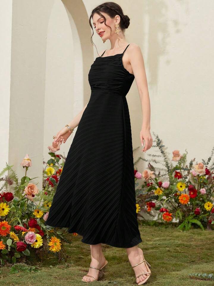CM-DS848471 Women Elegant Seoul Style Solid Color Spaghetti Strap A-Line Dress - Black