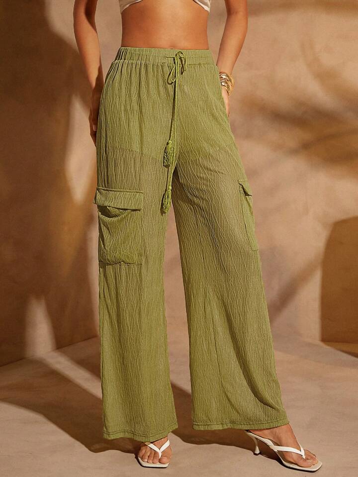 CM-BS101832 Women Trendy Bohemian Style Tassel Drawstring Flap Pocket Cargo Pants - Green