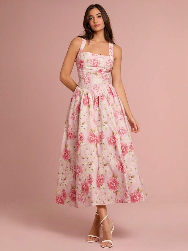 CM-DS532932 Women Elegant Seoul Style Floral Print Sleeveless Big Bowknot Backless Long Dress