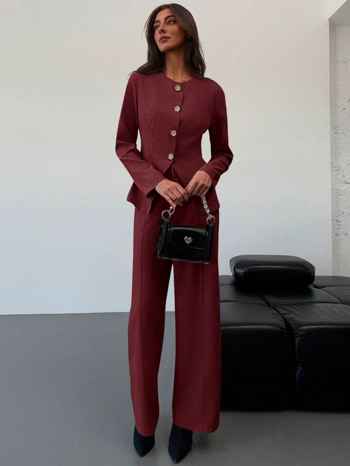 CM-SS012207 Women Elegant Seoul Style Slim Fit Round Neck Long Sleeve Top With Floor-Length Straight Leg Pants - Set