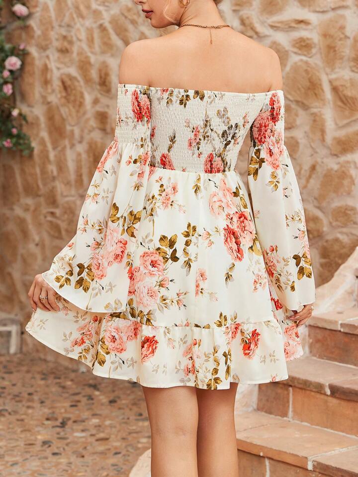 CM-DS394493 Women Trendy Bohemian Style Off Shoulder Romantic Floral Long Sleeve Dress